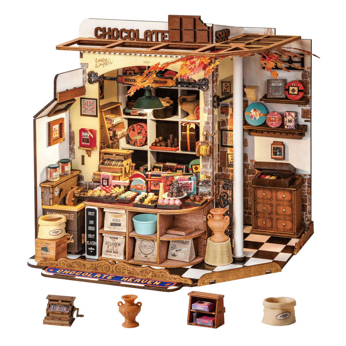 Rolife Henry's Chocolate Shop front view enhances cozy desk decor
