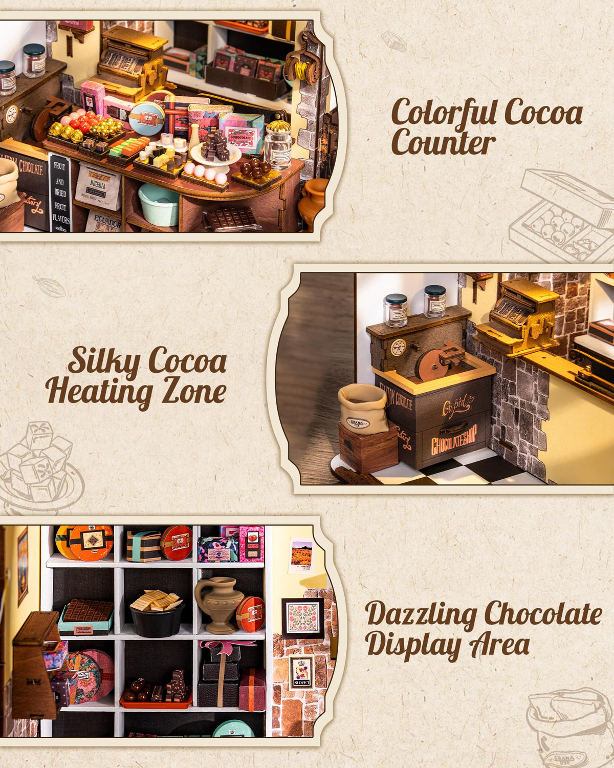 Rolife Henry's Chocolate Shop furniture details reflect careful craftsmanship for realistic miniatures.