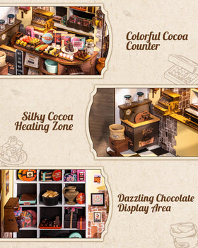 Rolife Henry's Chocolate Shop furniture details reflect careful craftsmanship for realistic miniatures.
