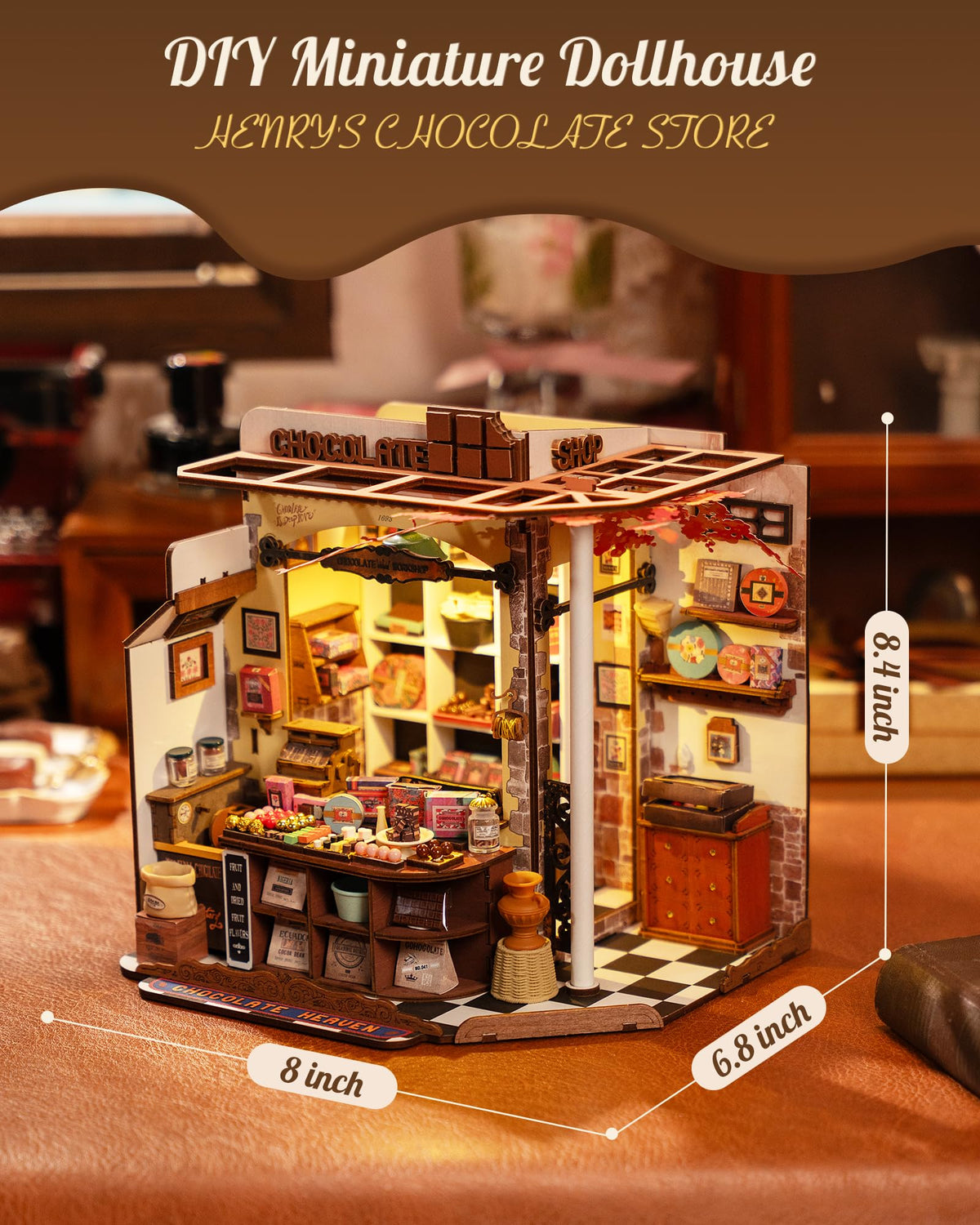 Rolife Henry's Chocolate Shop interior counter highlights realistic workspace for DIY enthusiasts.