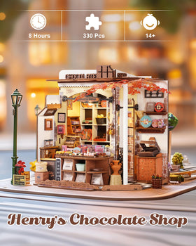 Rolife Henry's Chocolate Shop interior display highlights candy shelves