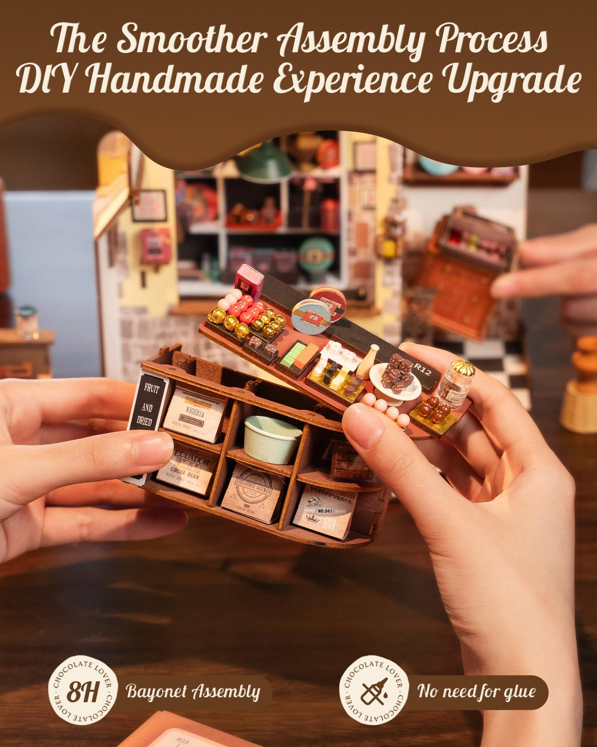 Rolife Henry's Chocolate Shop pantry accents enhance clutter-free arrangement and giftable presentation.