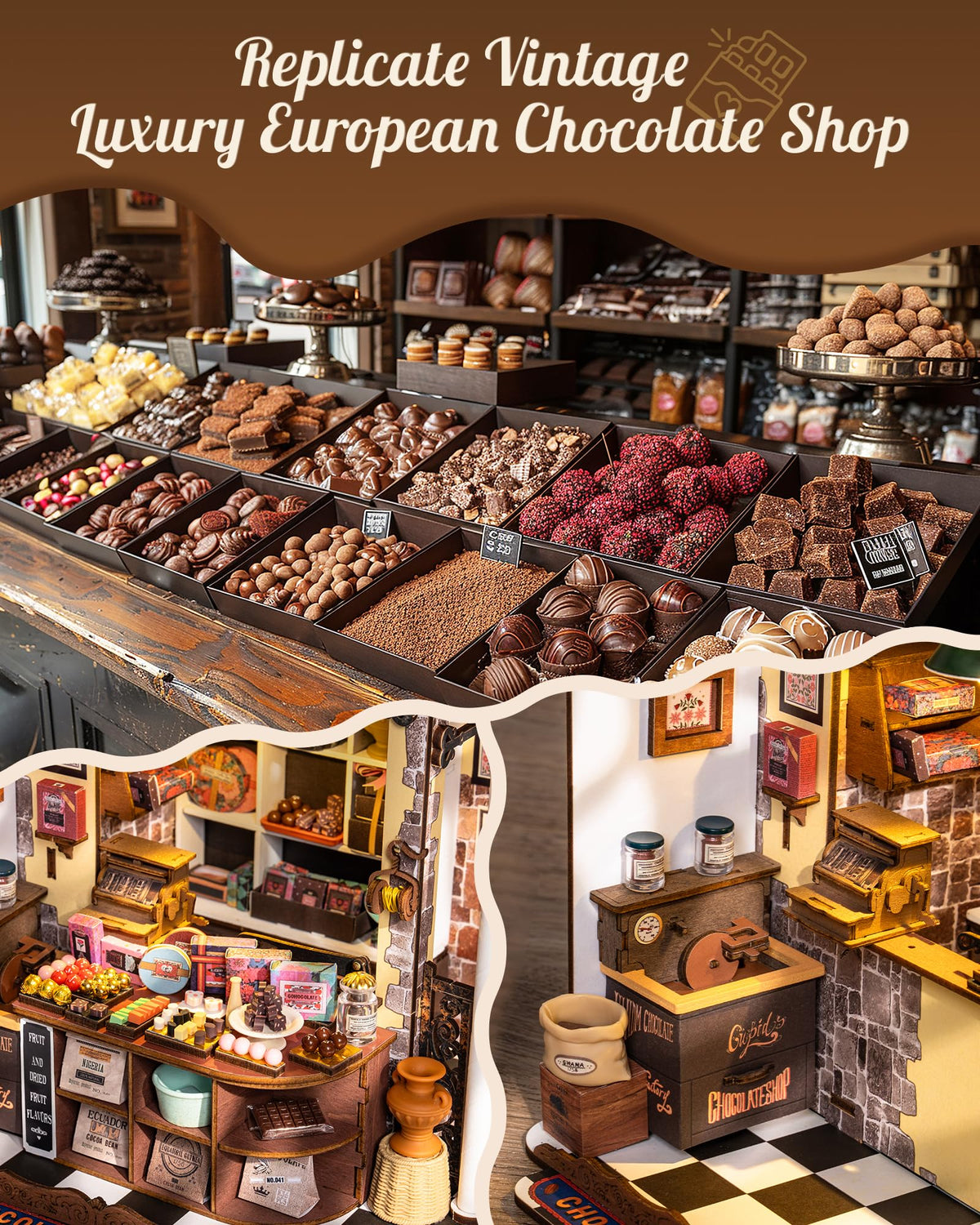 Rolife Henry's Chocolate Shop tiny oven adds authentic detail that sparks imaginative play.