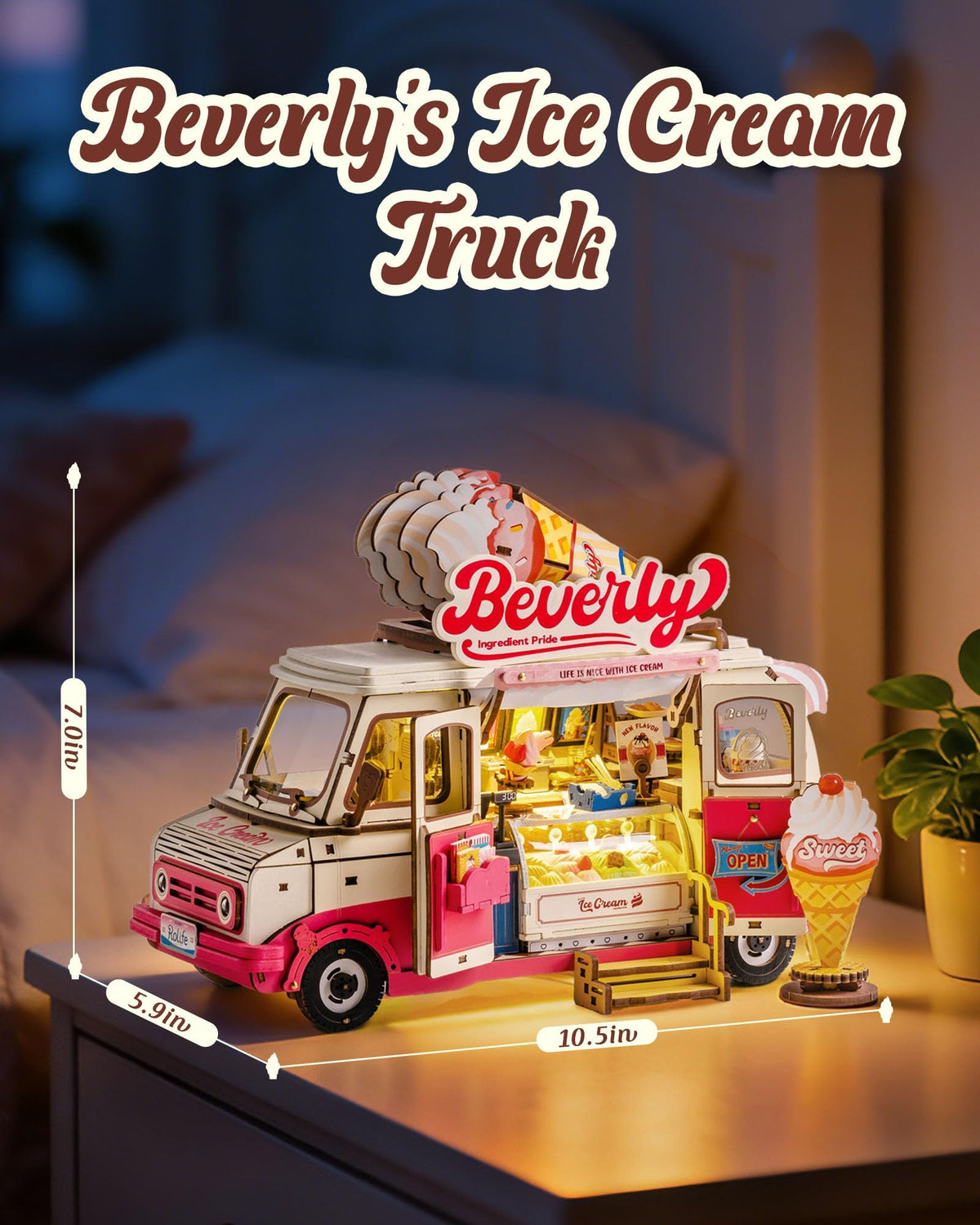 Rolife ice cream truck open-serving-window focus for nostalgic shelf decor.