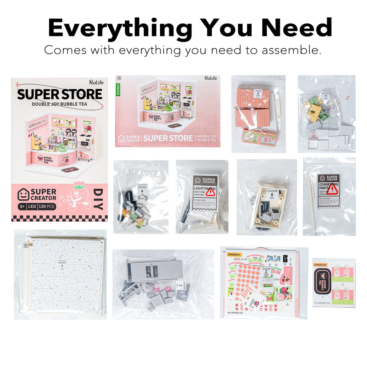 Rolife LED Building Blocks unboxing reveals tools and LED light.