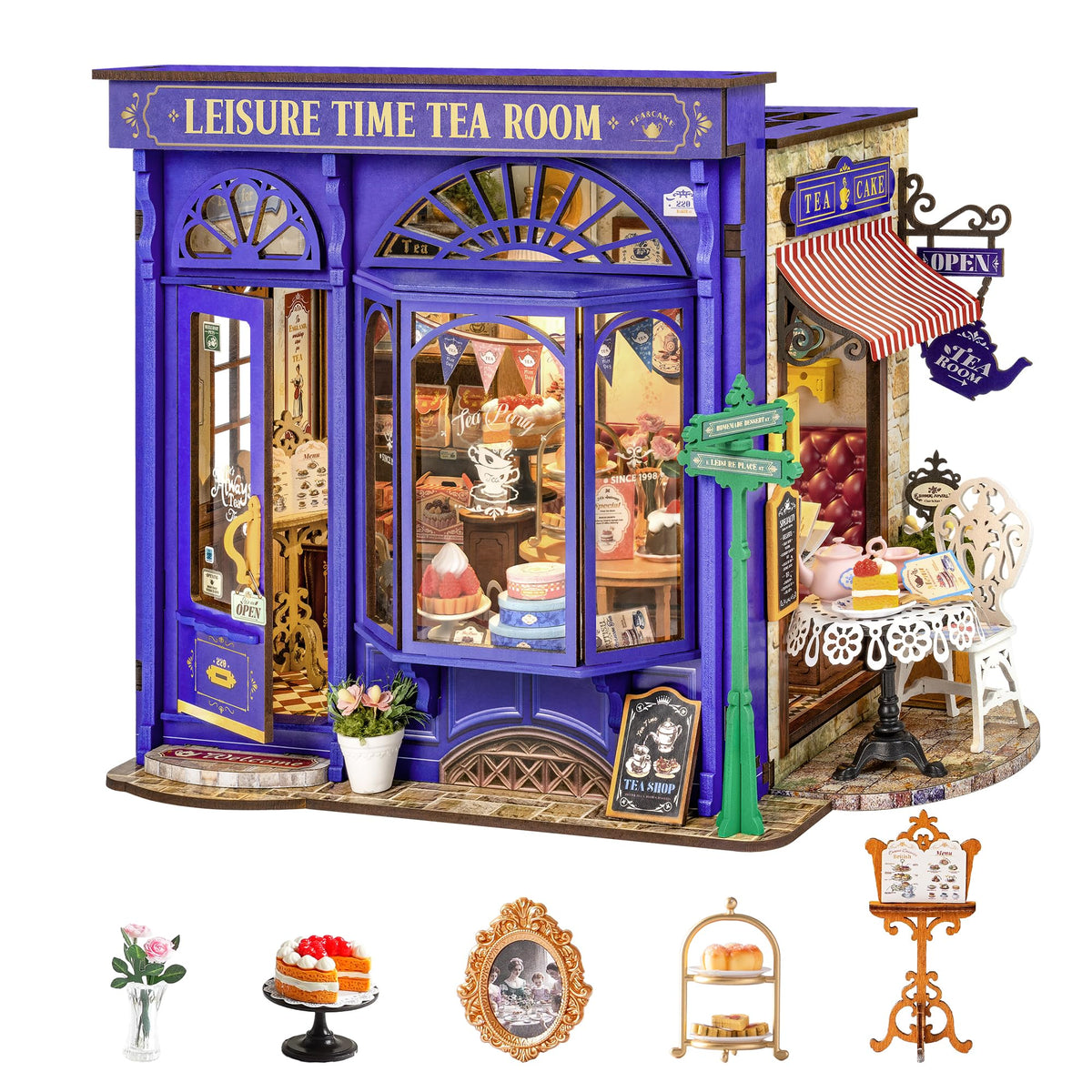 Rolife Leisure Tea Time miniature house kit with detailed wood parts for display.