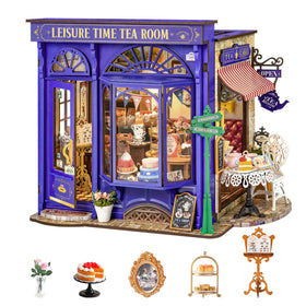 Rolife Leisure Tea Time miniature house kit with detailed wood parts for display.