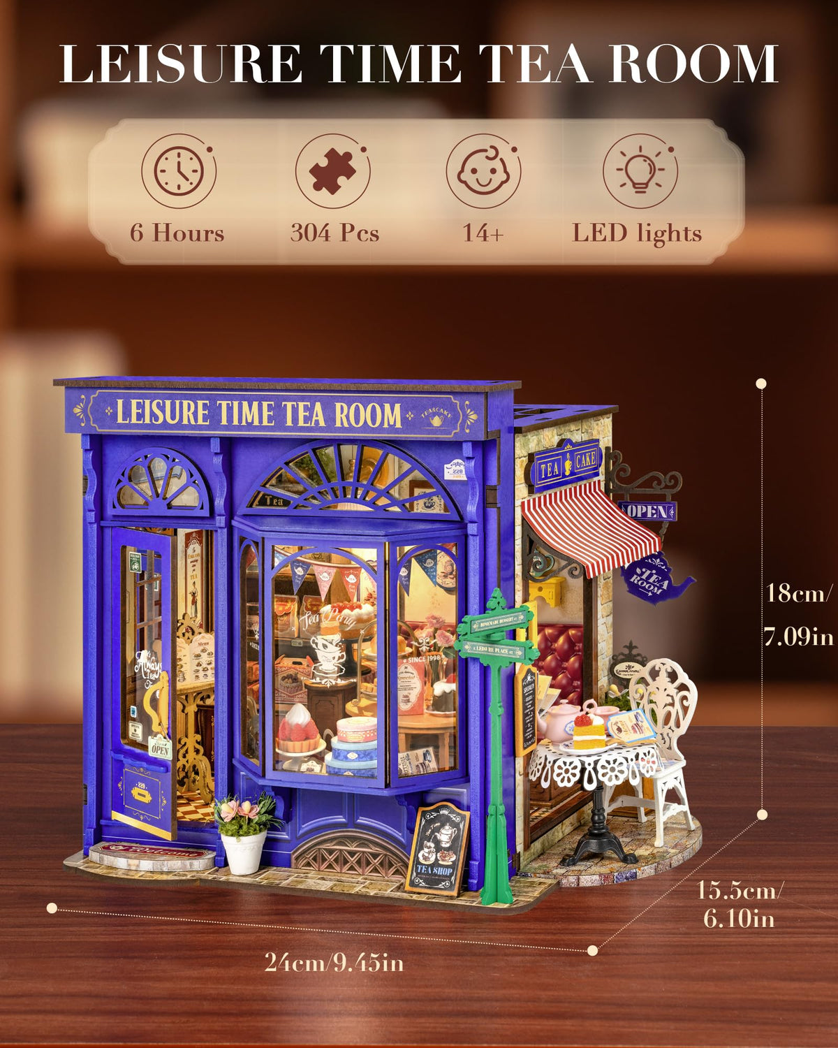 Rolife Leisure Tea Time openable book nook showing cozy tea room and bookend function.