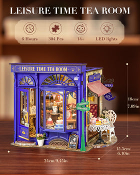Rolife Leisure Tea Time openable book nook showing cozy tea room and bookend function.