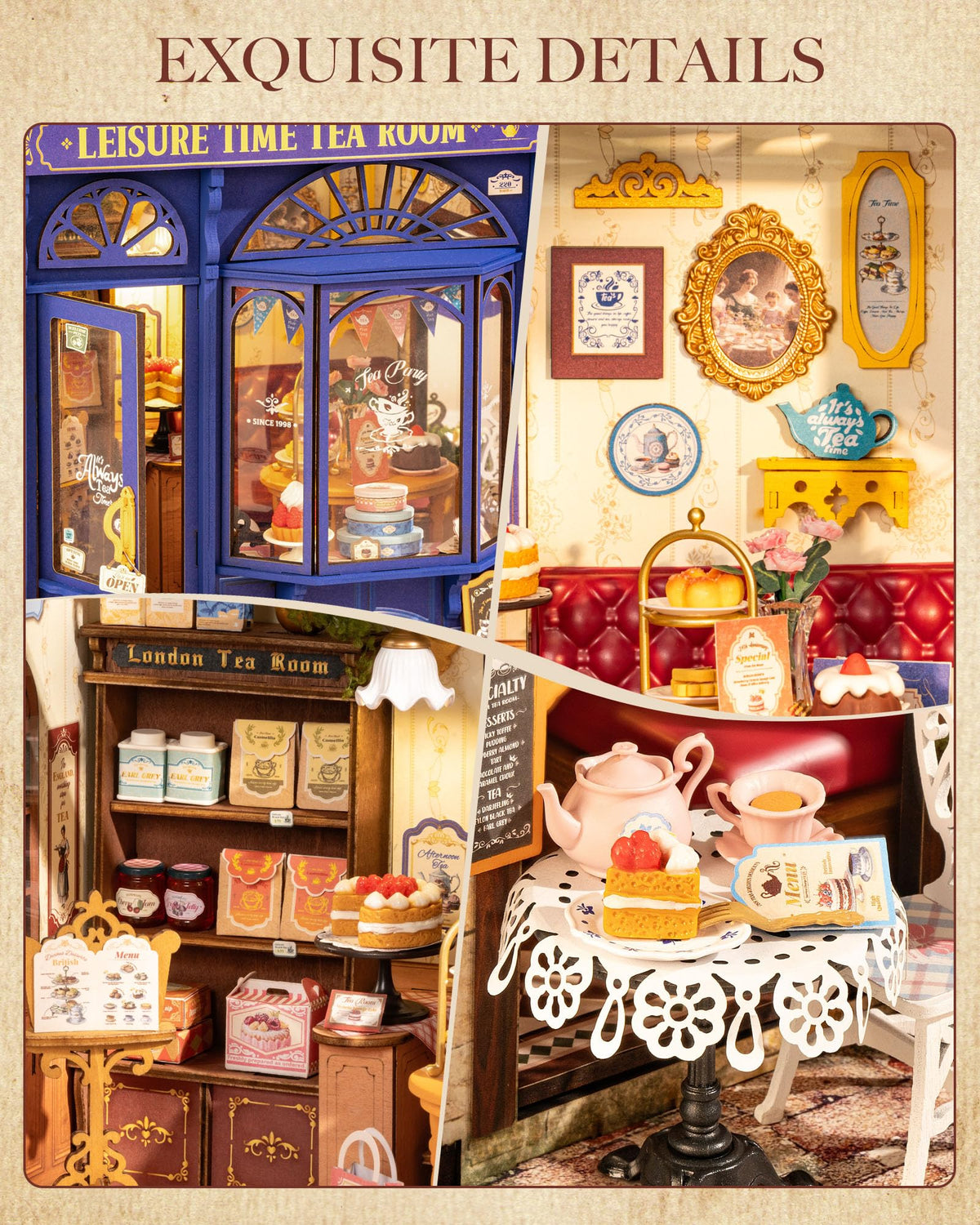 Rolife Leisure Tea Time retro vintage details evoke classic miniature charm.