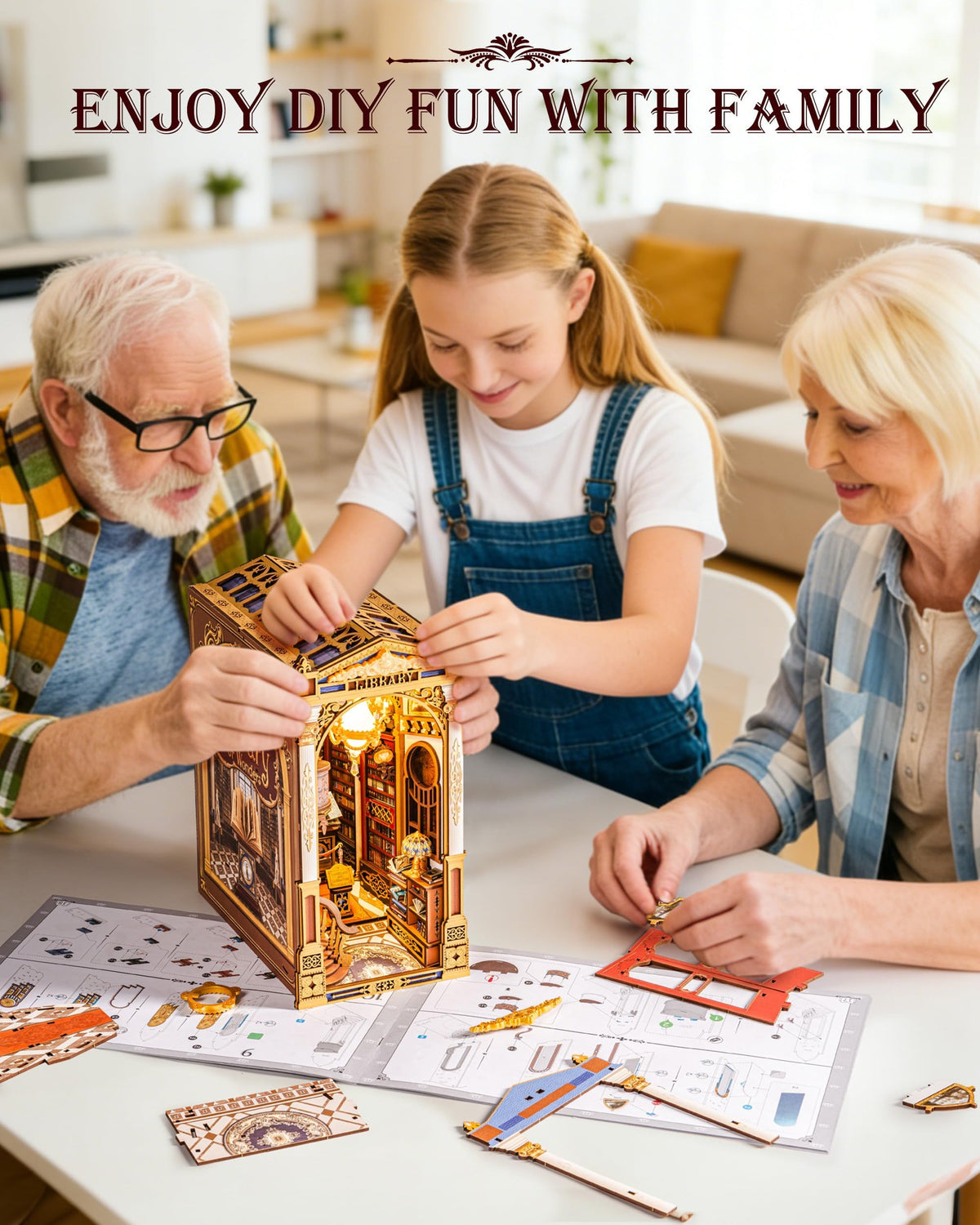 Rolife Library of Wonders 3D wooden puzzle invites mindful assembly and intricate detail.