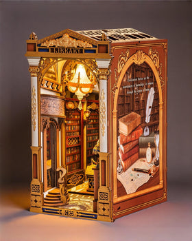 Rolife Library of Wonders baroque chandelier lighting enhances shelf display with dramatic ambience.