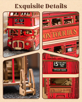 Rolife London Tour Bus detailed wooden parts for precise, snap-fit assembly.