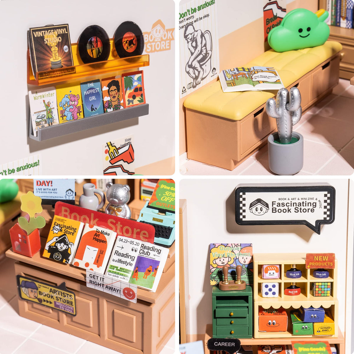 Rolife miniature book store scene with LED lighting highlights cozy shelves.