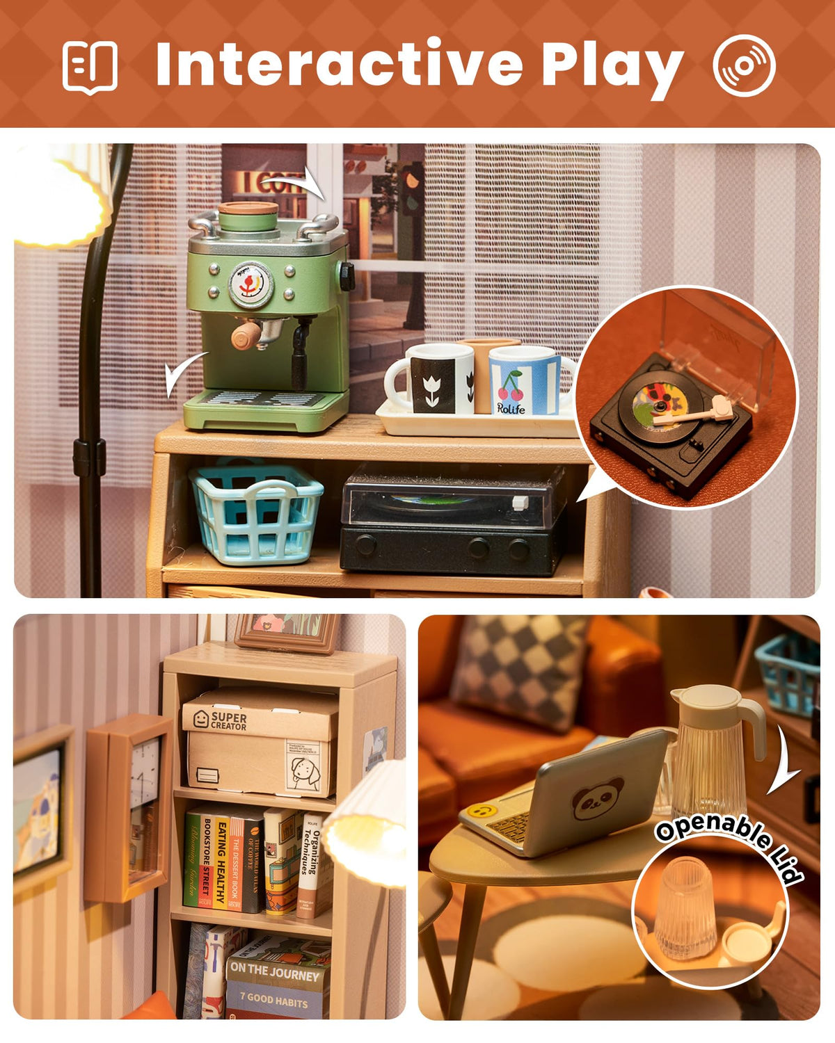 Rolife miniature couch cushion snack—realistic furniture accents for charming shelf displays.