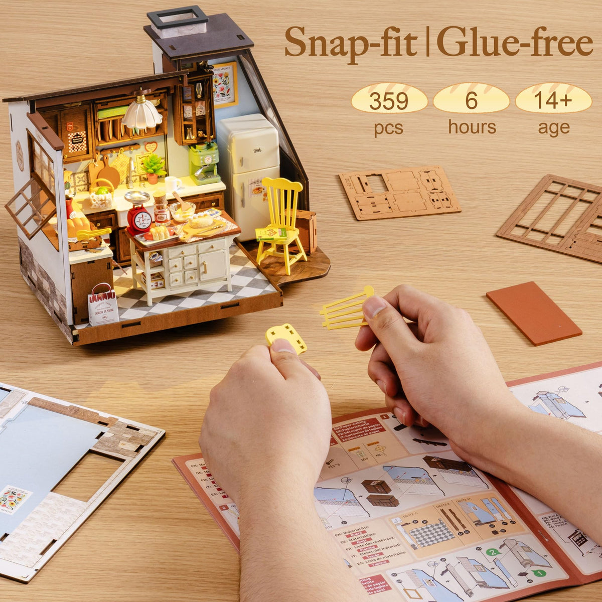Rolife dollhouse with European-style kitchen enhances cozy retro-inspired room decor.