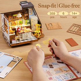 Rolife dollhouse with European-style kitchen enhances cozy retro-inspired room decor.
