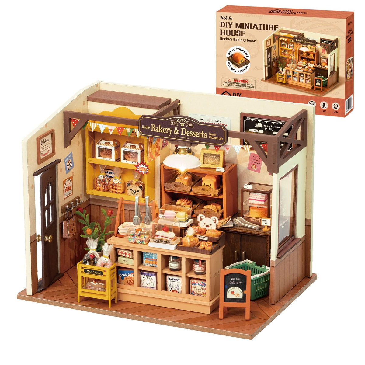 Rolife bakery detail inside miniature house kit for charming shelf display