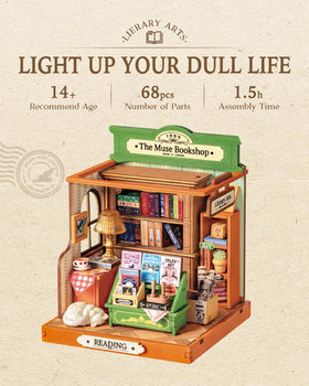Rolife Muse Bookshop lighting-ready option highlights miniature ambiance.