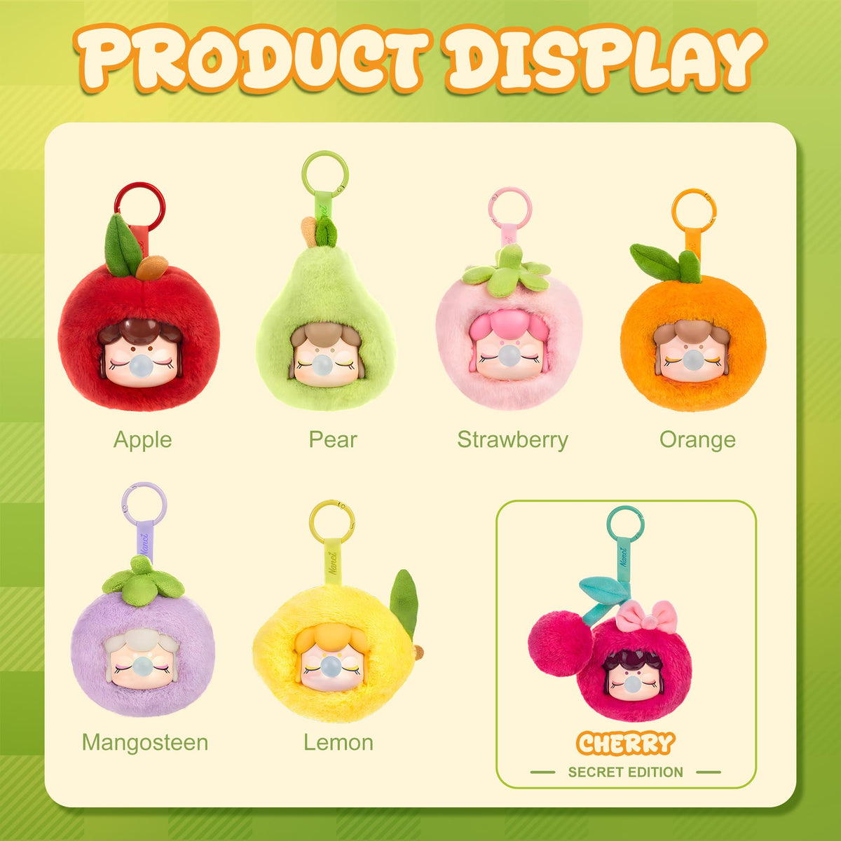 Close-up of Rolife Nanci fruit-themed plush showing soft fabric and vibrant colors.