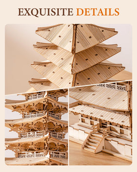 Rolife Pagoda desktop decor shown on a tidy workspace.