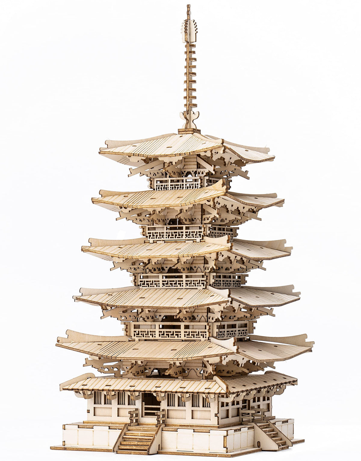 Rolife Pagoda wood model pieces ready for precise assembly.
