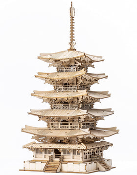 Rolife Pagoda wood model pieces ready for precise assembly.