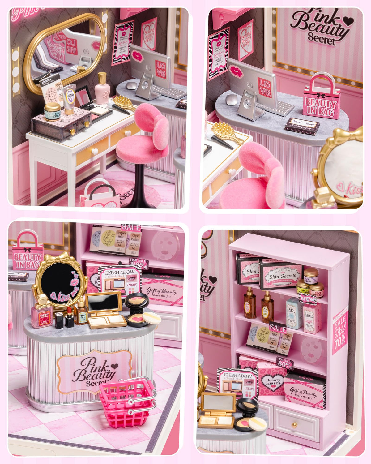 Rolife Pink Beauty Secret Kiss Me vanity mirror reflects light and personality.