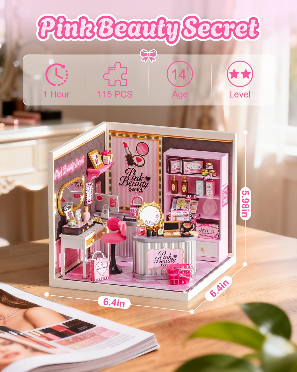 Rolife Pink Beauty Secret perfume bottles enhance the luxury mini studio.