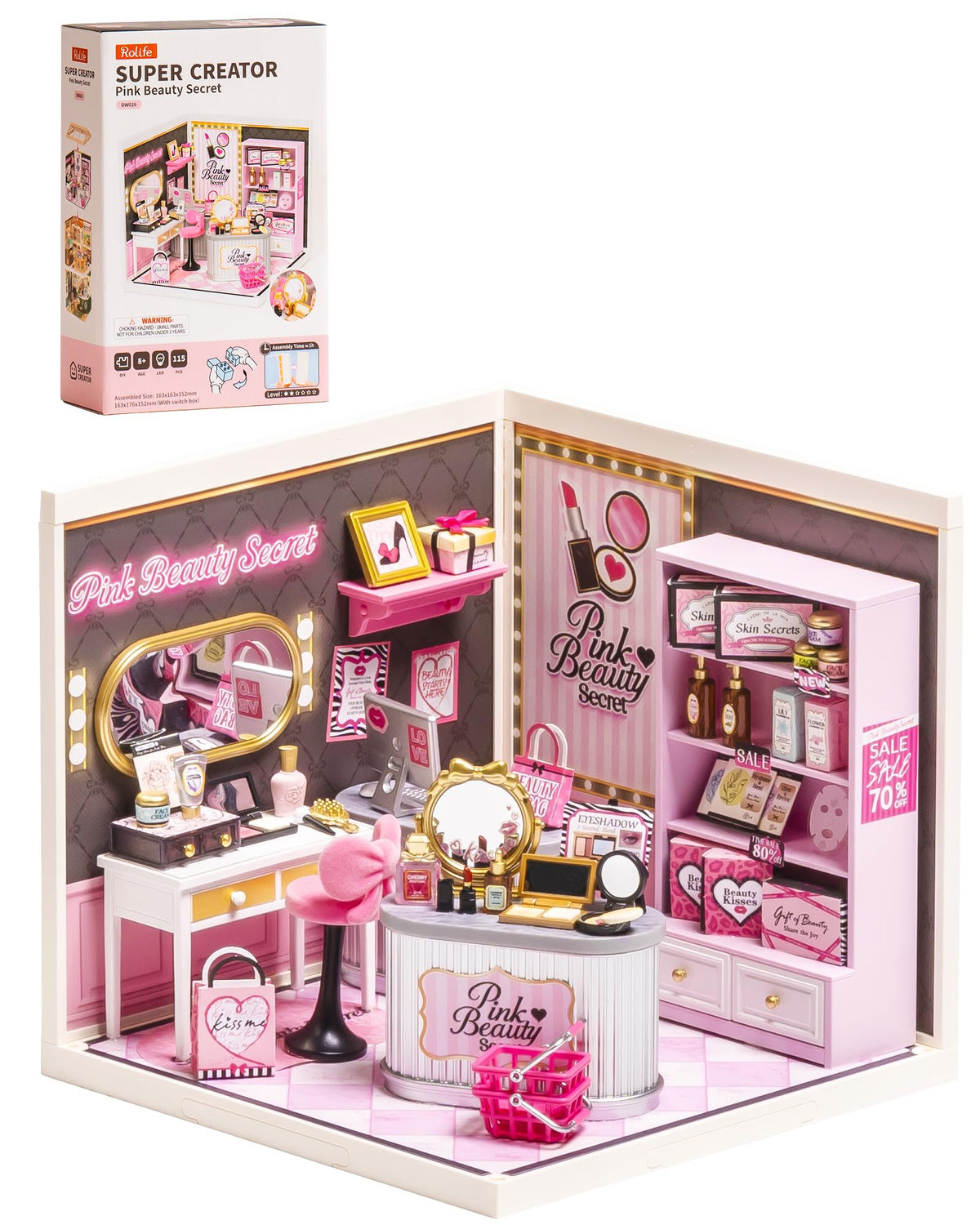 Rolife Pink Beauty Secret vanity desk highlights a chic makeup station for your miniature world.