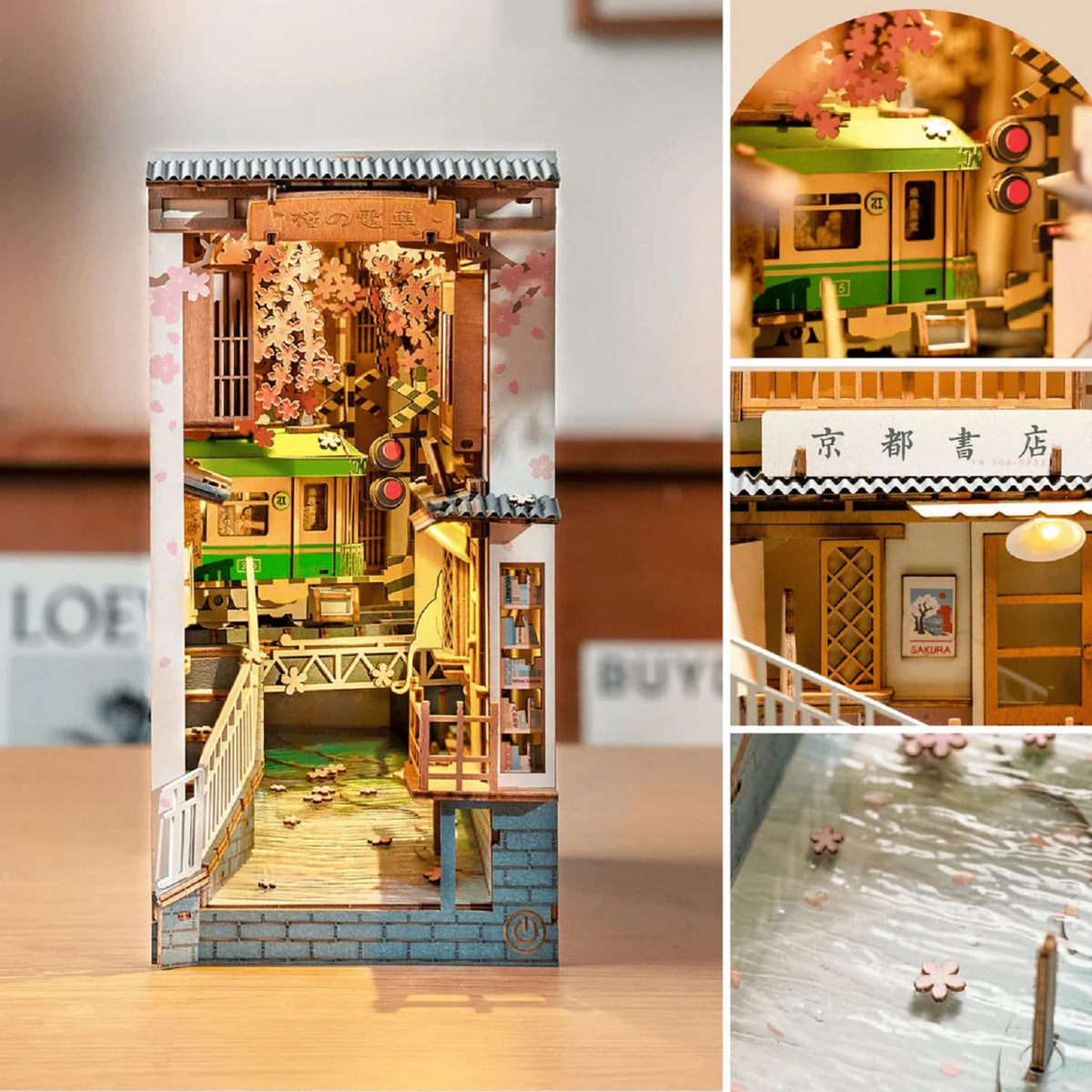 Rolife Sakura Densya mini river scene, enhances desk decor with a charming glow