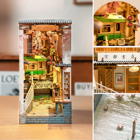 Rolife Sakura Densya mini river scene, enhances desk decor with a charming glow