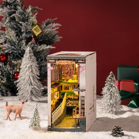 Rolife Sakura Densya shop-front detail, elevates bookshelf displays with tiny storefront charm