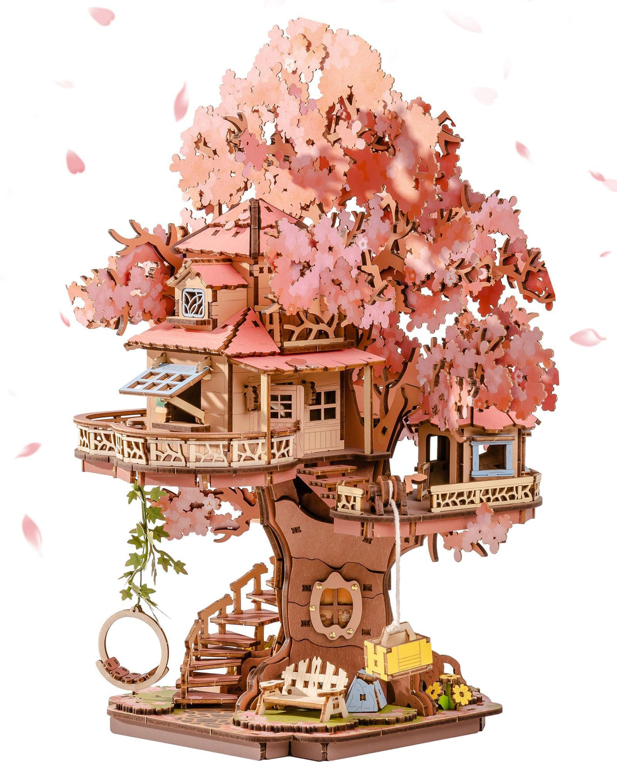Rolife Sakura Tree House puzzle assembly showcasing wooden craftsmanship