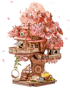 Rolife Sakura Tree House puzzle assembly showcasing wooden craftsmanship