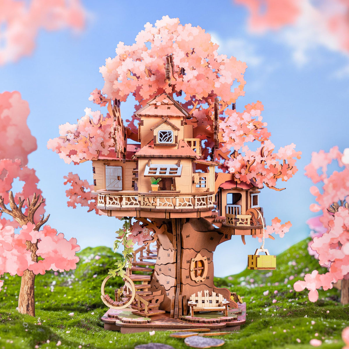 Rolife cherry blossom bonsai display, a detailed home accent that sparks focus during crafting sessions.