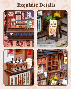 Rolife Sakura Wine Alley scene reveals tiny details like a sleepy cat and crates