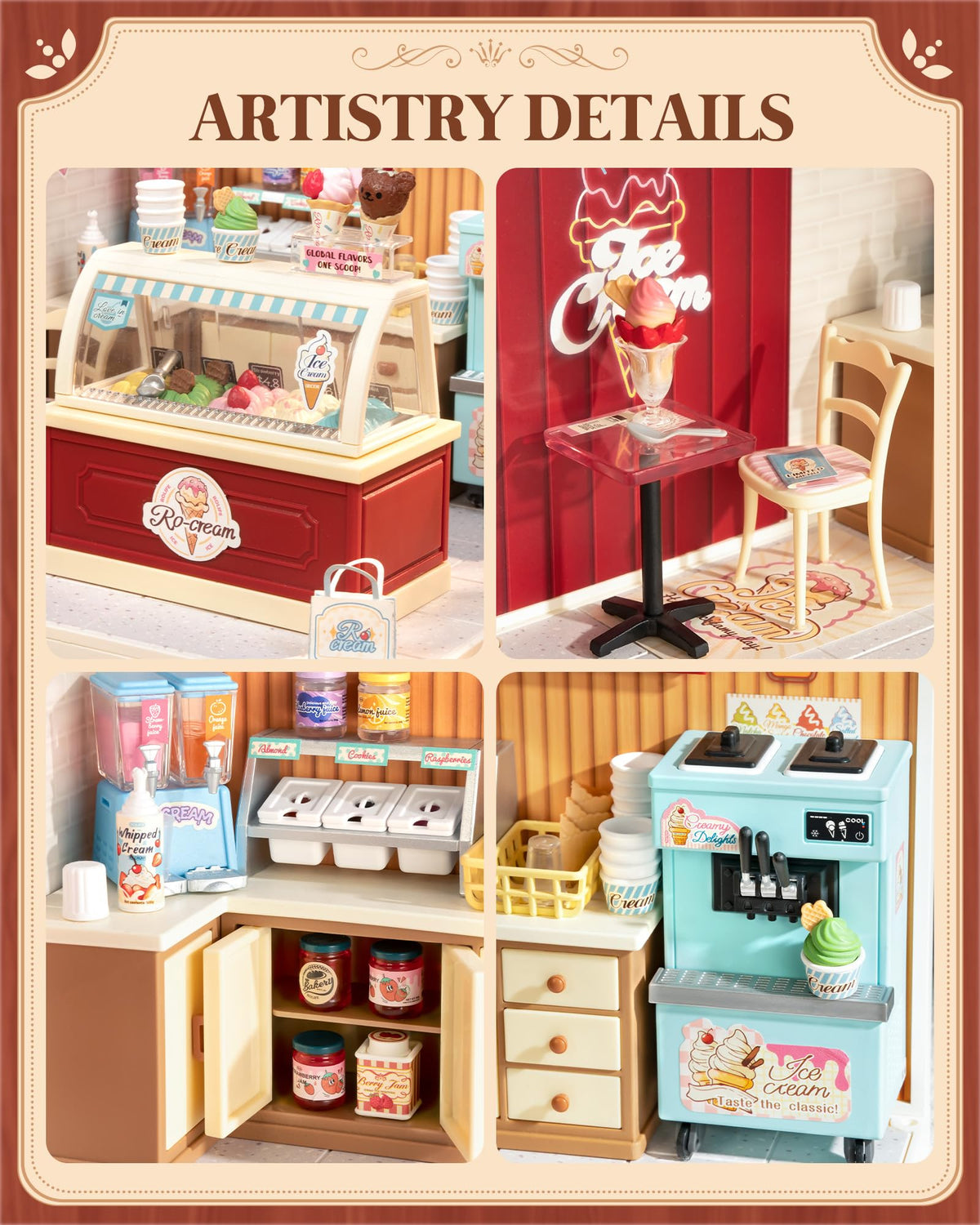 Rolife Super Creator gelato cones and toppings in a compact scene