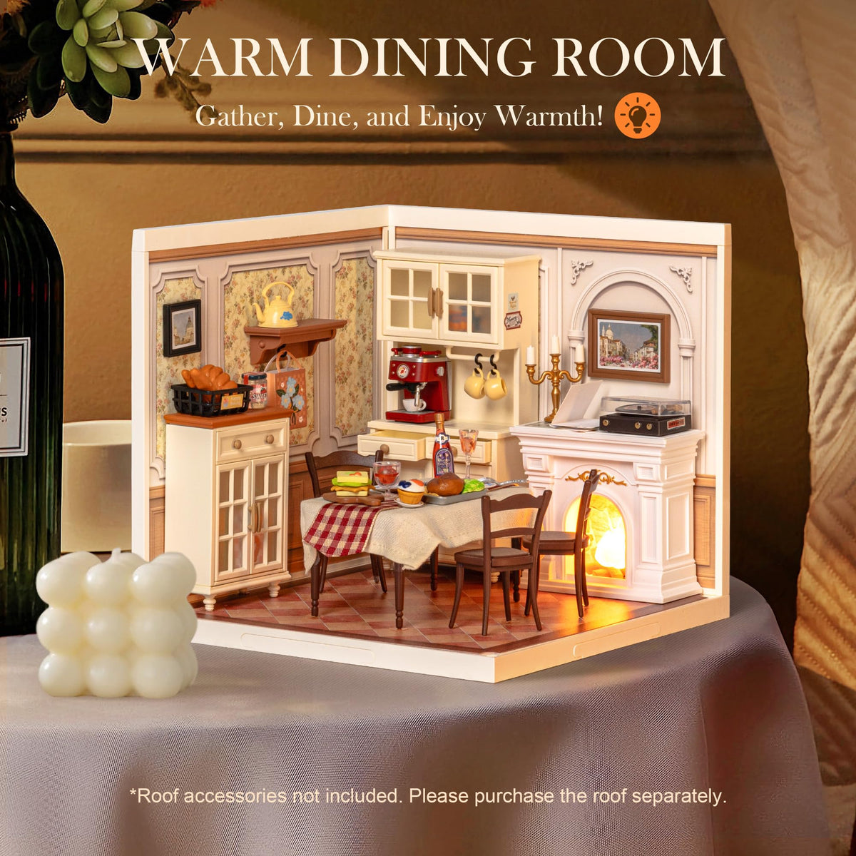 Rolife miniature dining room with chairs and warm tableware for serene scenes