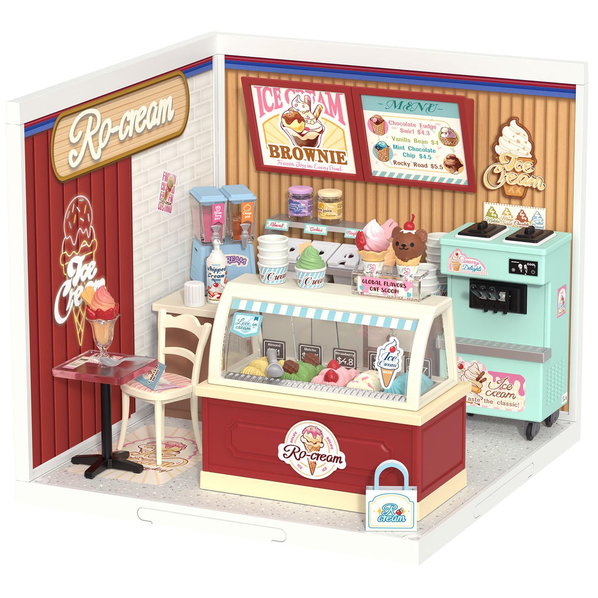 Rolife Super Creator ice-cream shop front illuminated for a striking mini diorama