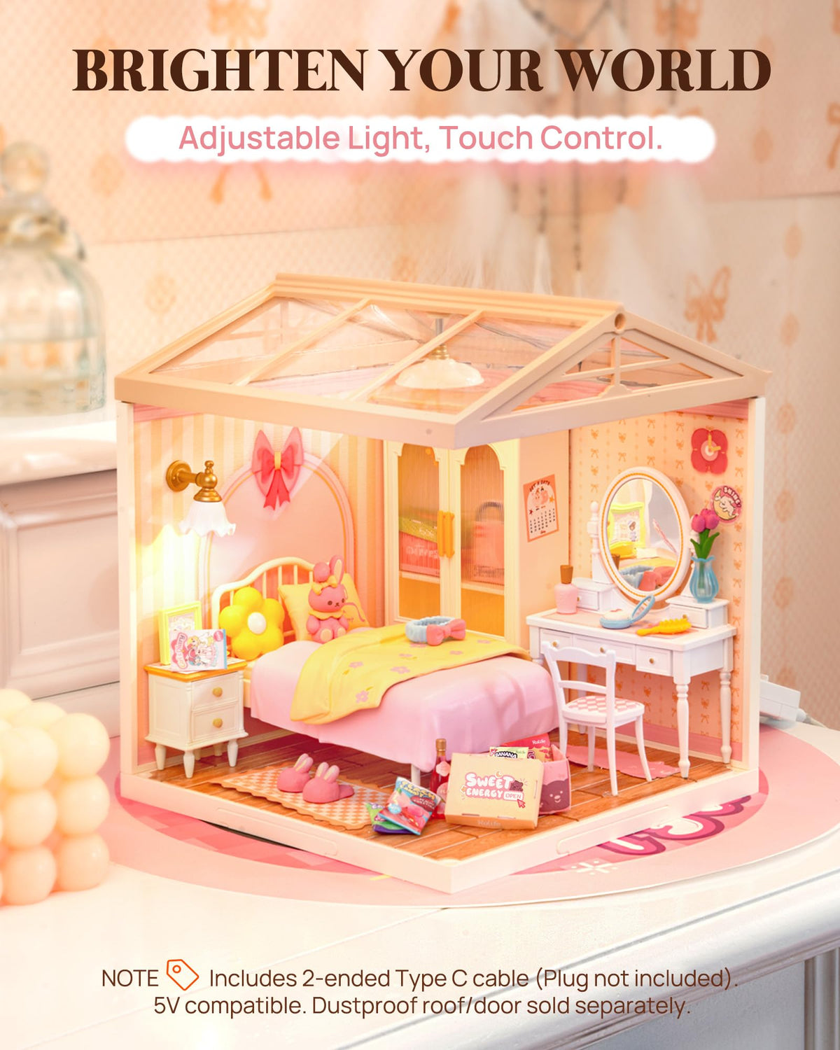 Rolife pink bedroom bed miniature setup ideal for cozy display and storytelling.