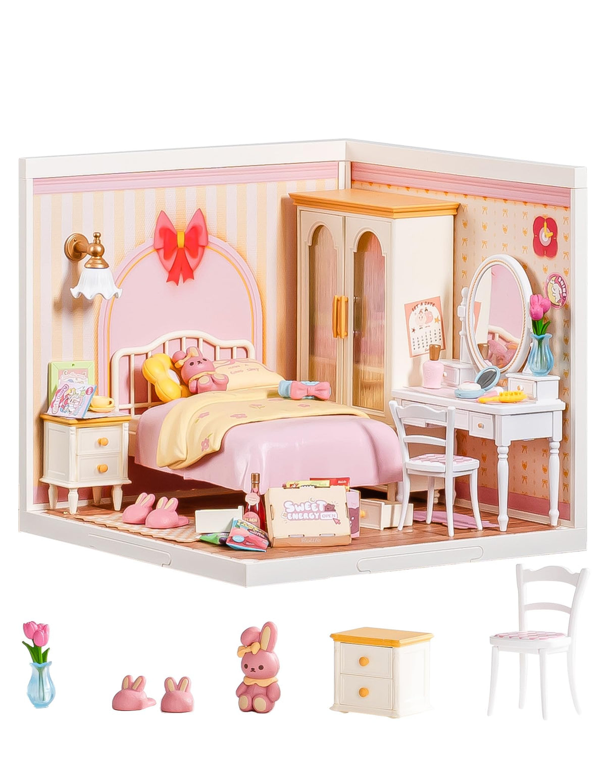 Rolife Super Creator pink bedroom dollhouse scene for decorative display and imaginative play.