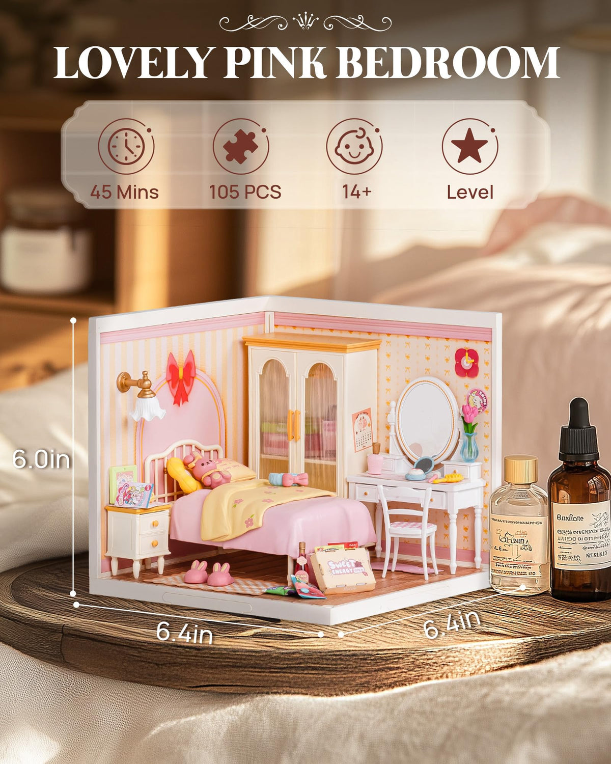 Rolife pink bedroom nightstand setup ideal for realistic detail and display.
