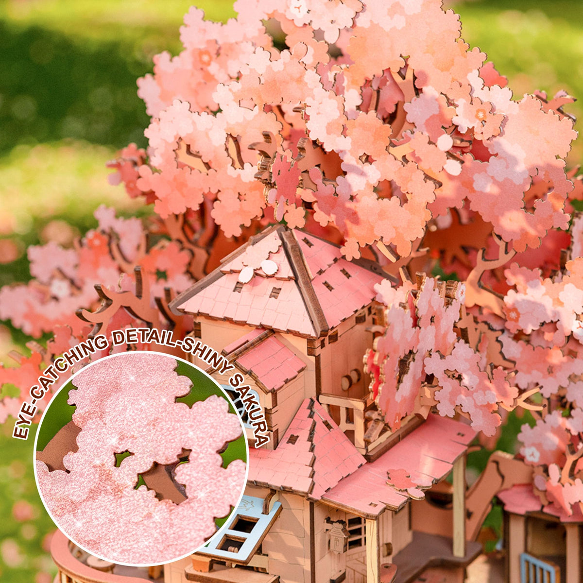 Rolife 3D puzzle sakura flowers ensemble on a tabletop display.