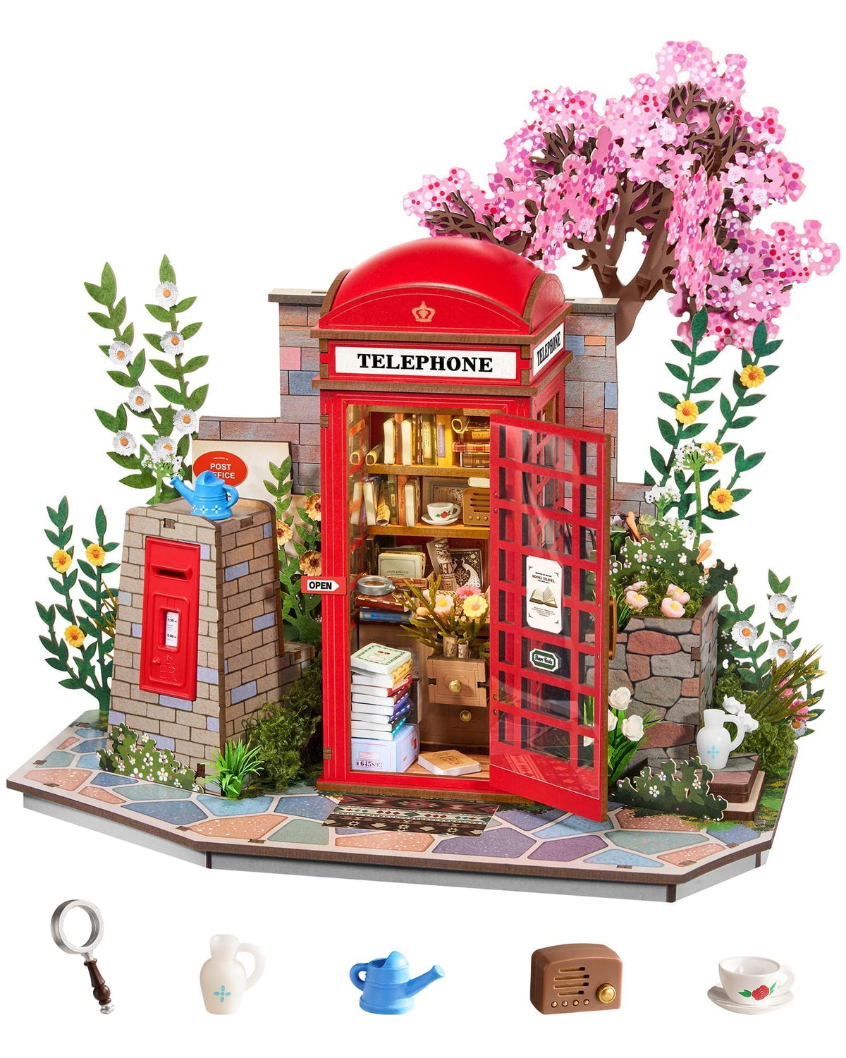 Rolife telephone booth puzzle assembly with laser-cut parts for precise fit and satisfying build.
