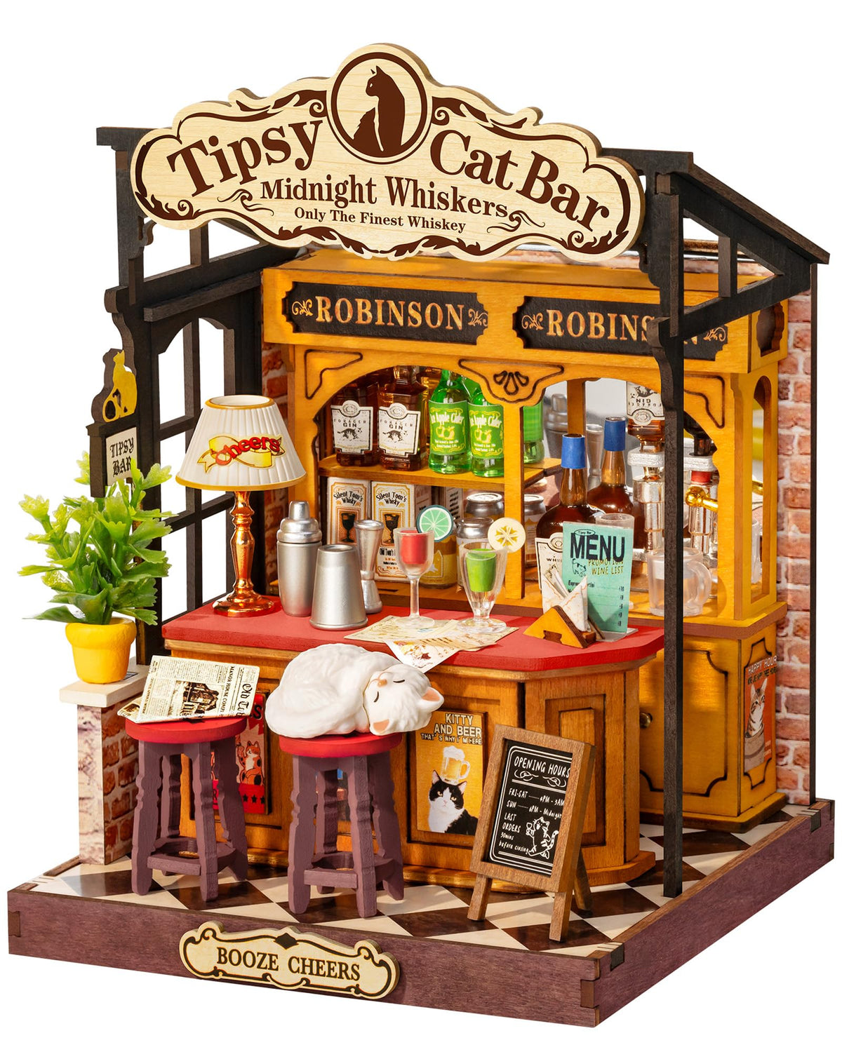 Rolife Tipsy Cat Bar: layered miniature design for display-ready shelf decor.