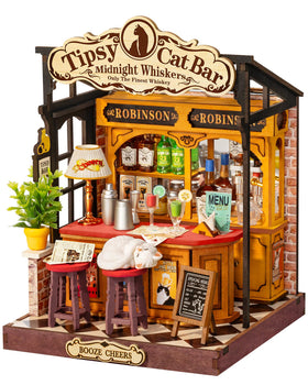 Rolife Tipsy Cat Bar: layered miniature design for display-ready shelf decor.