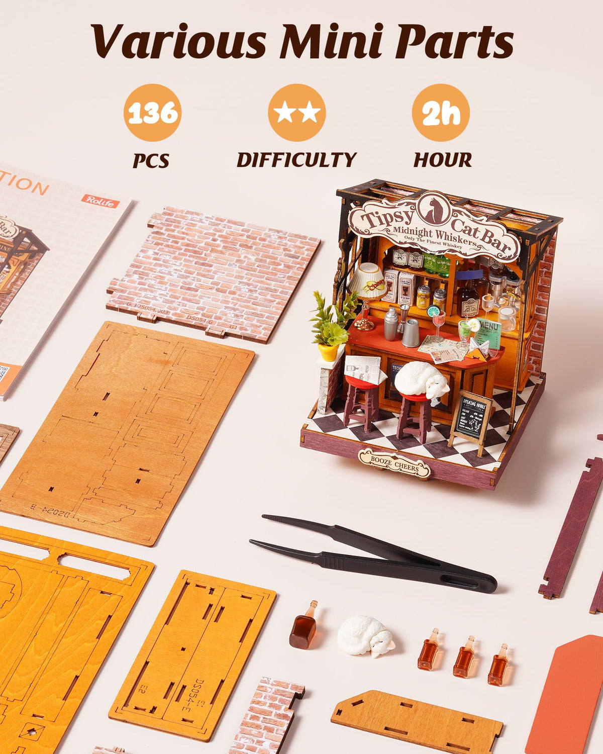 Rolife Tipsy Cat Bar: mini bookshelf insert to enhance small spaces.