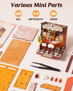 Rolife Tipsy Cat Bar: mini bookshelf insert to enhance small spaces.
