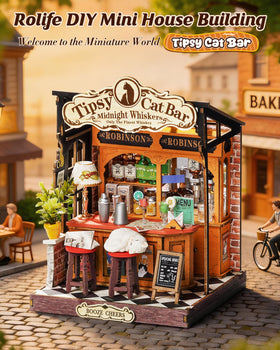 Rolife Tipsy Cat Bar: precision mini pieces for satisfying DIY assembly.